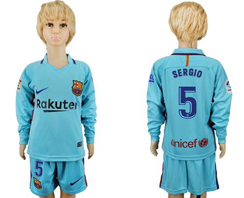 Barcelona #5 Sergio Away Long Sleeves Kid Soccer Club Jersey
